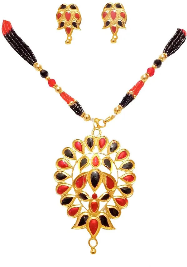 Assamese_Traditional_Gold_Plated_Red_Black_Colour_Tassel_Jewellery_Set_For_Women